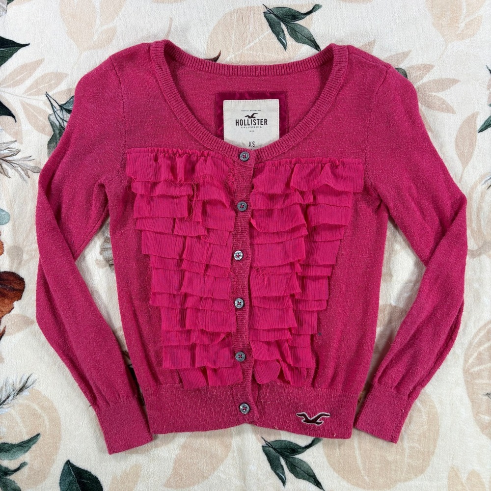 Vintage Y2K Hollister California Chiffon Ruffle Cardigan Sweater Pink Womens XS